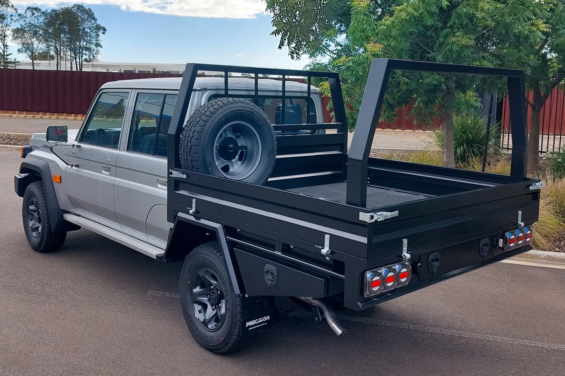 Heavy Duty Steel Tray DC Landcruiser 79 Series with wheel mount and rear load rack and toolboxes